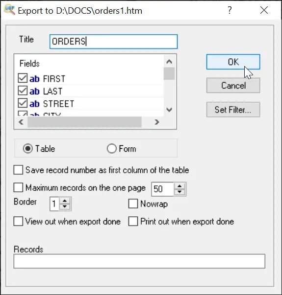 Export DBF to HTML Screenshot